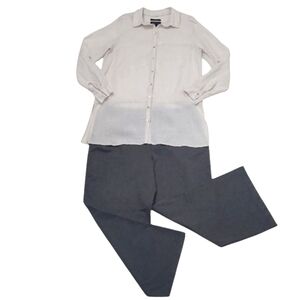 Tahari Long Linen Shirt Sheer Tab Sleeve Button Up Front Collared Top Texture